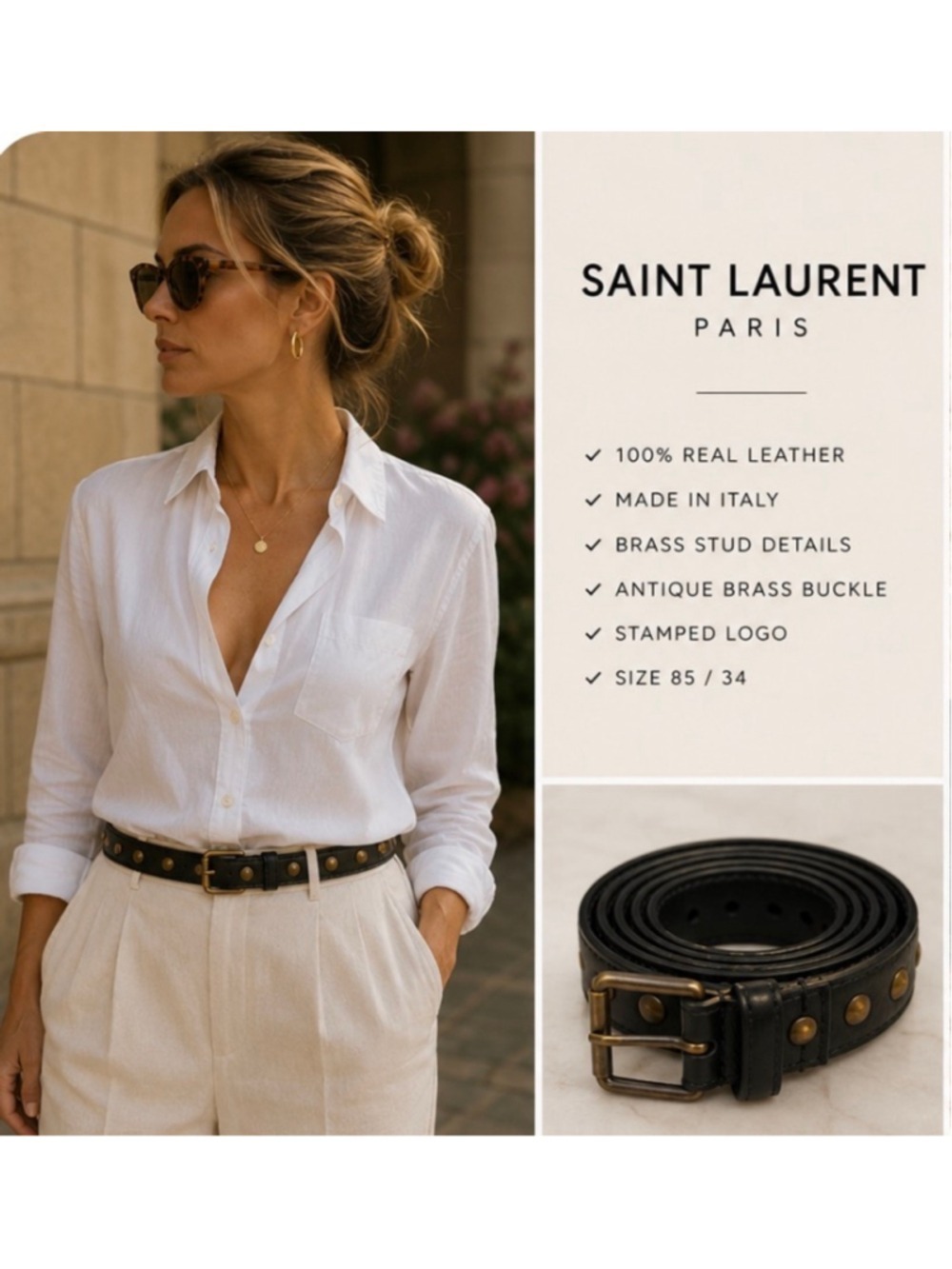 Saint Laurent Studded Leather Belt, Black and Distressed Gold Stud New!